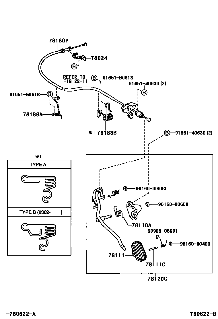 Toyota COROLLA accelerator pedal connecting rod EPC diagram — 780622B