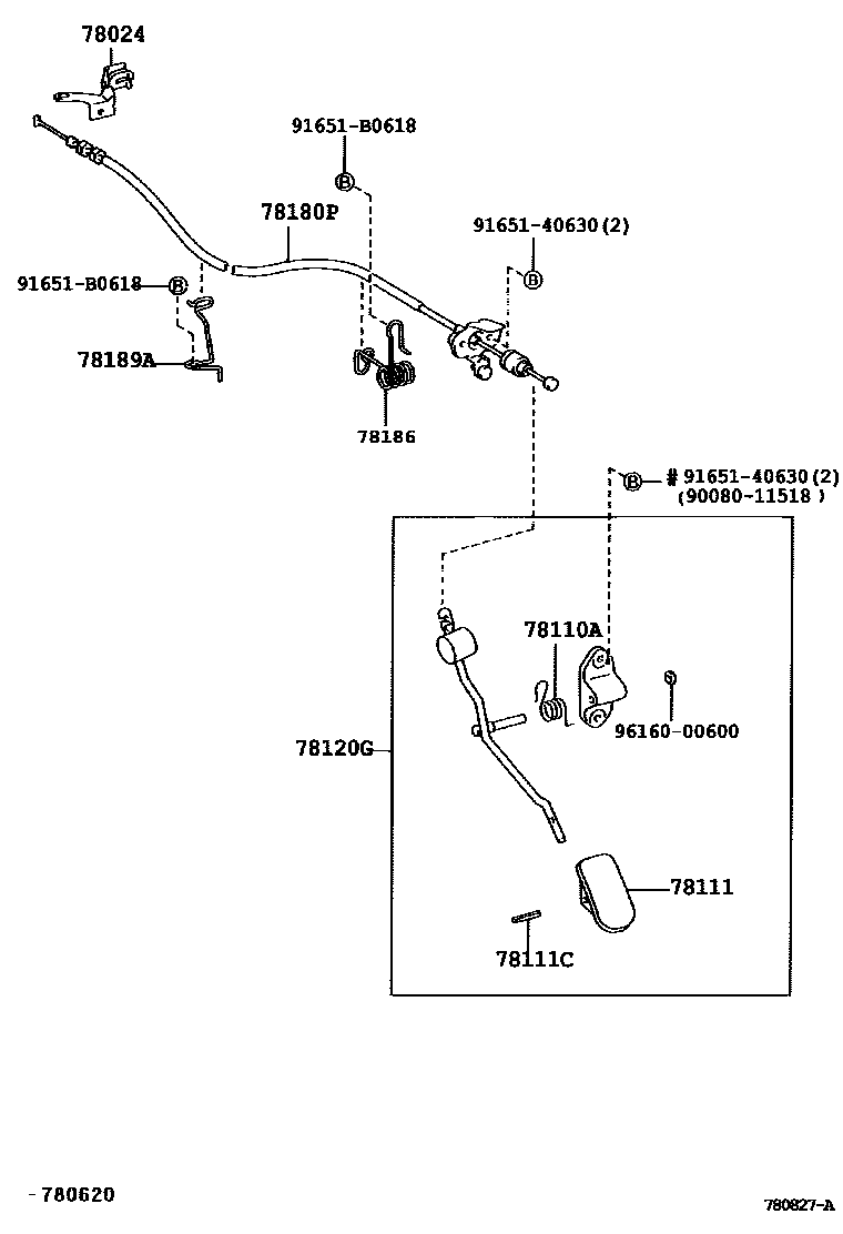 Toyota COROLLA accelerator pedal connecting rod EPC diagram — 780827A