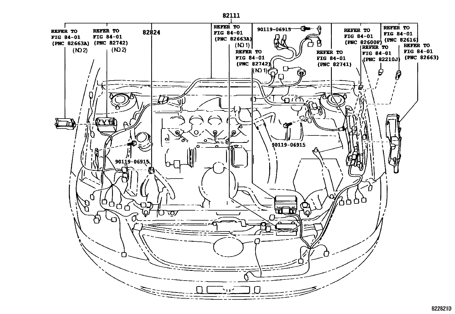 Toyota COROLLA 线束和卡夹 EPC diagram — 822821D