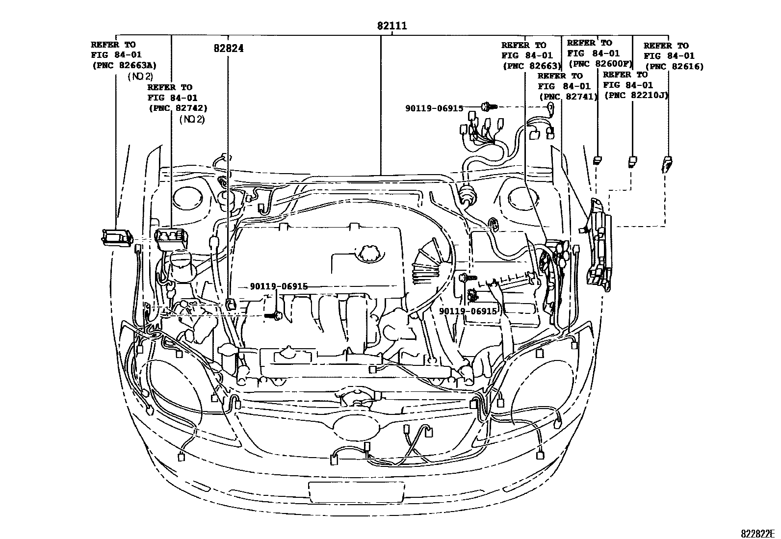 Toyota COROLLA 线束和卡夹 EPC diagram — 822822E
