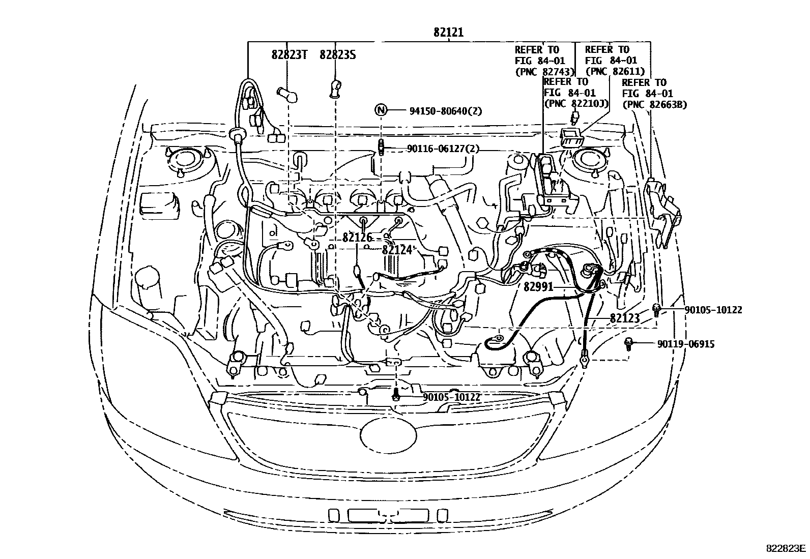 Toyota COROLLA 线束和卡夹 EPC diagram — 822823E