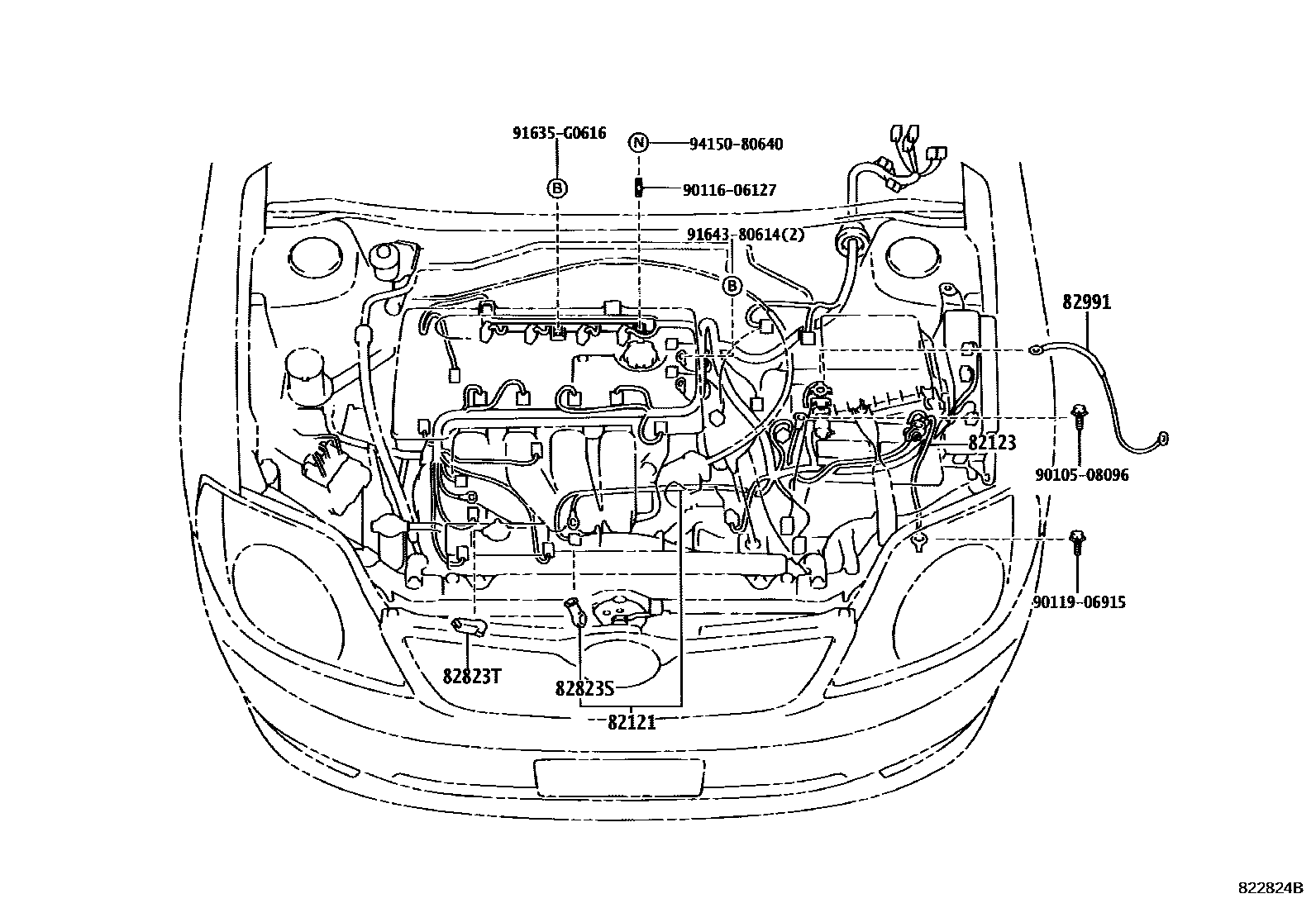 Toyota COROLLA 线束和卡夹 EPC diagram — 822824B