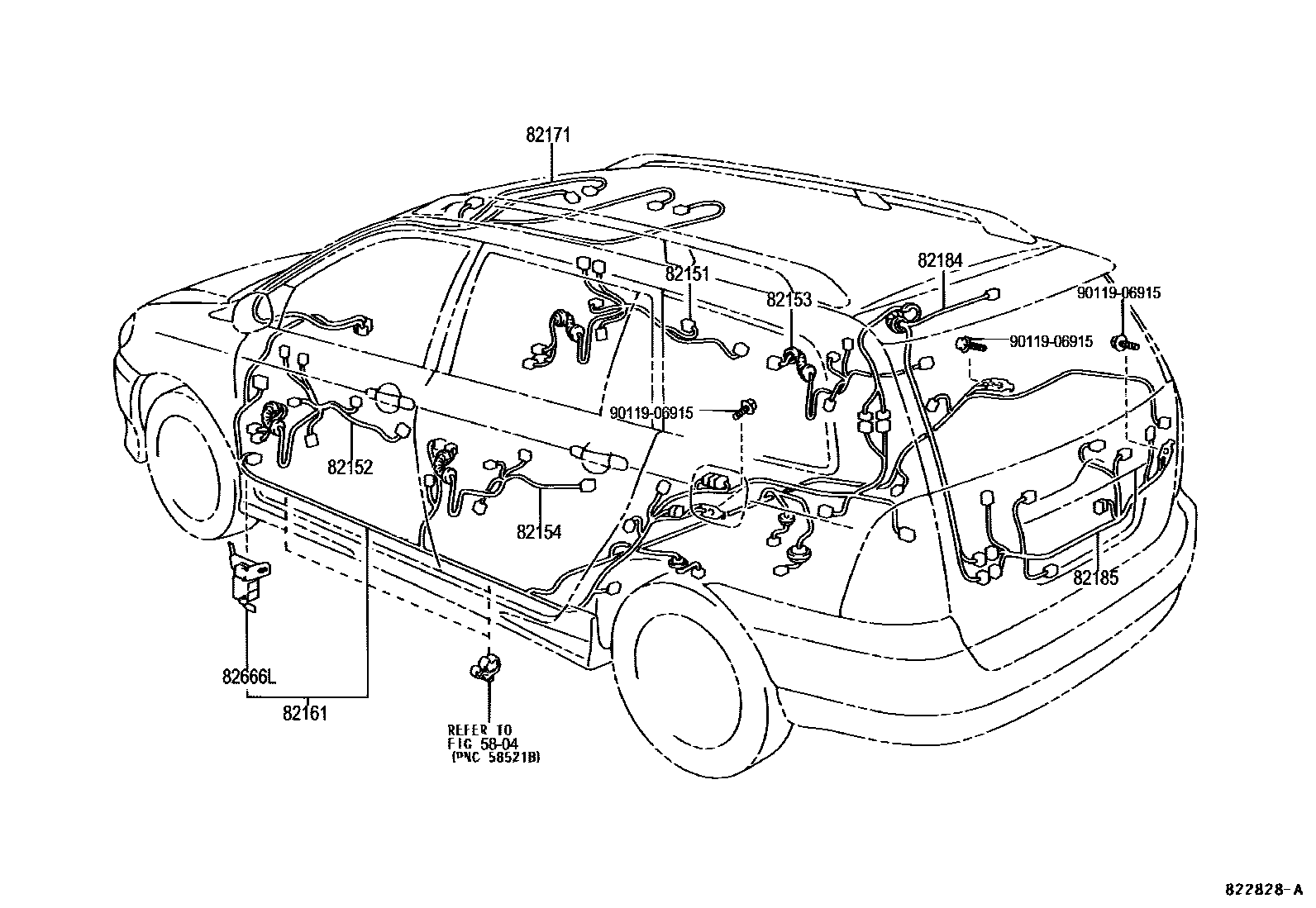 Toyota COROLLA 线束和卡夹 EPC diagram — 822828A