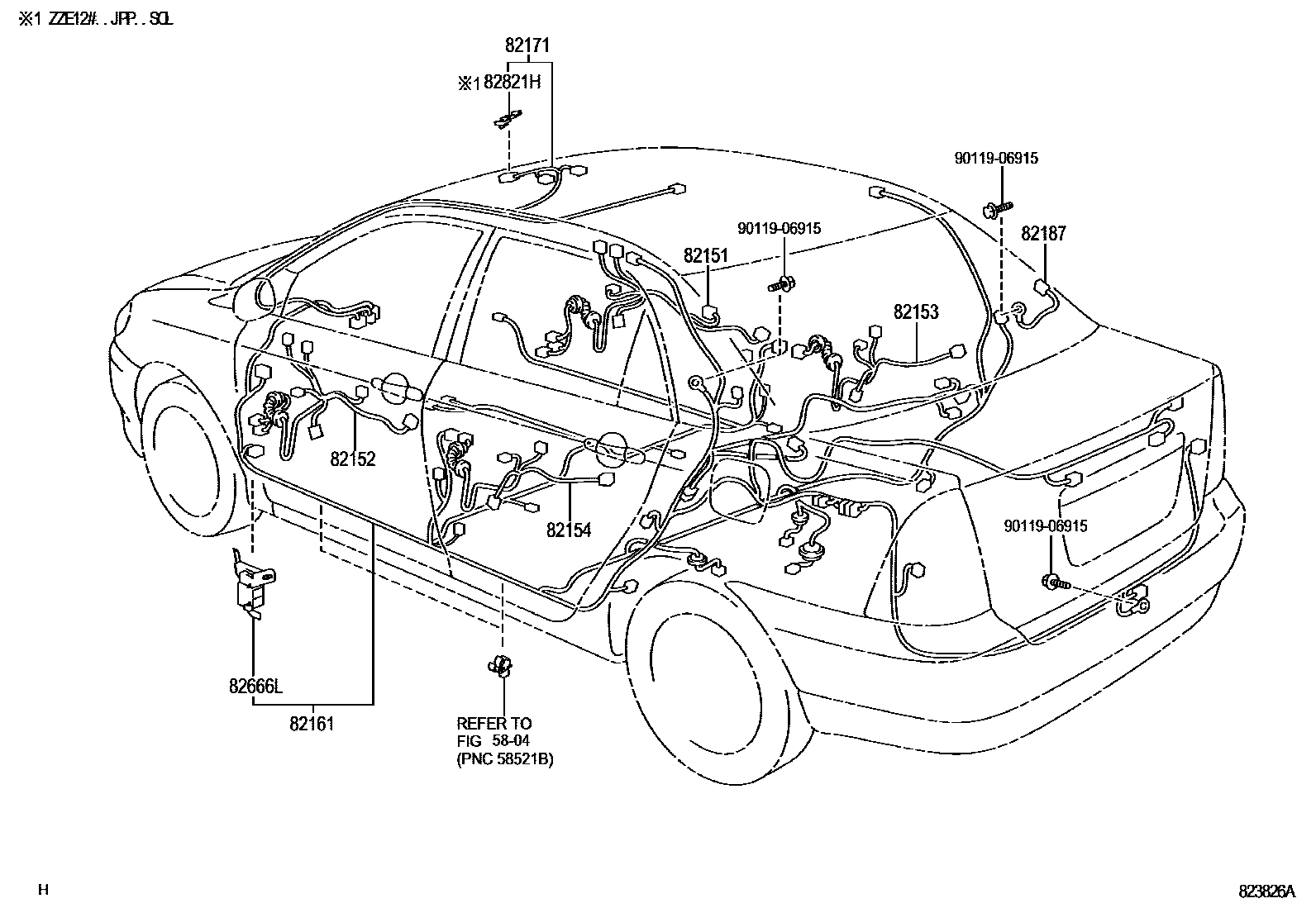 Toyota COROLLA 线束和卡夹 EPC diagram — 823826A