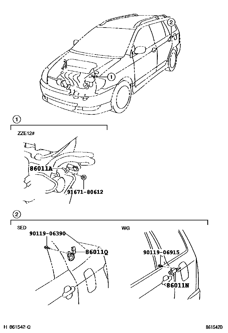 Toyota COROLLA 收音机、放大器和冷凝器 EPC diagram — 861542D