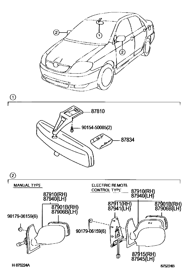 Toyota COROLLA 后视镜 EPC diagram — 875224B