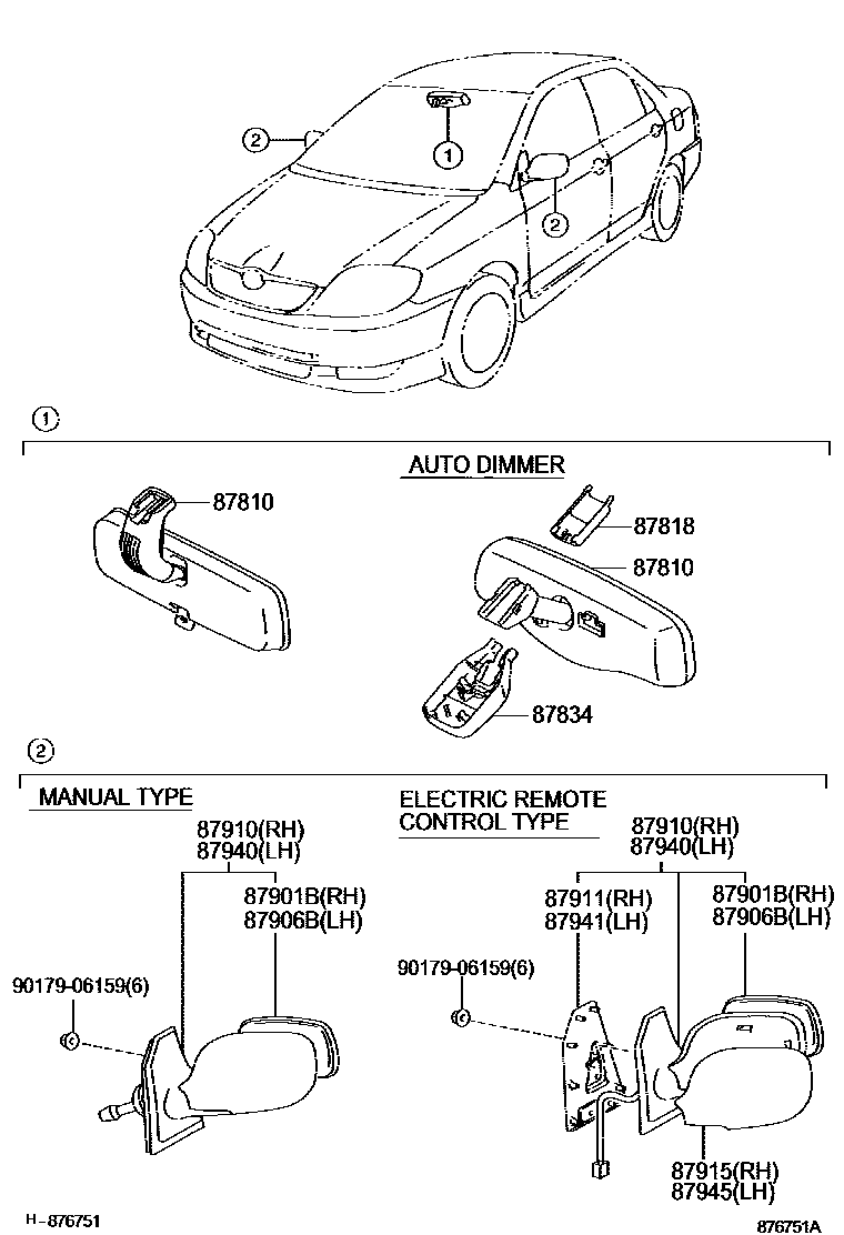 Toyota COROLLA 后视镜 EPC diagram — 876751A