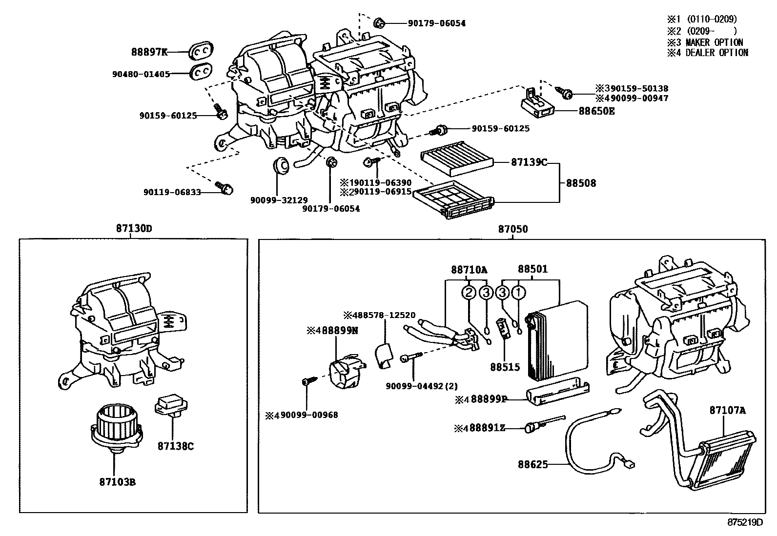 Toyota COROLLA 暖风和空调系统 - 冷却器组件 EPC diagram — 875219D