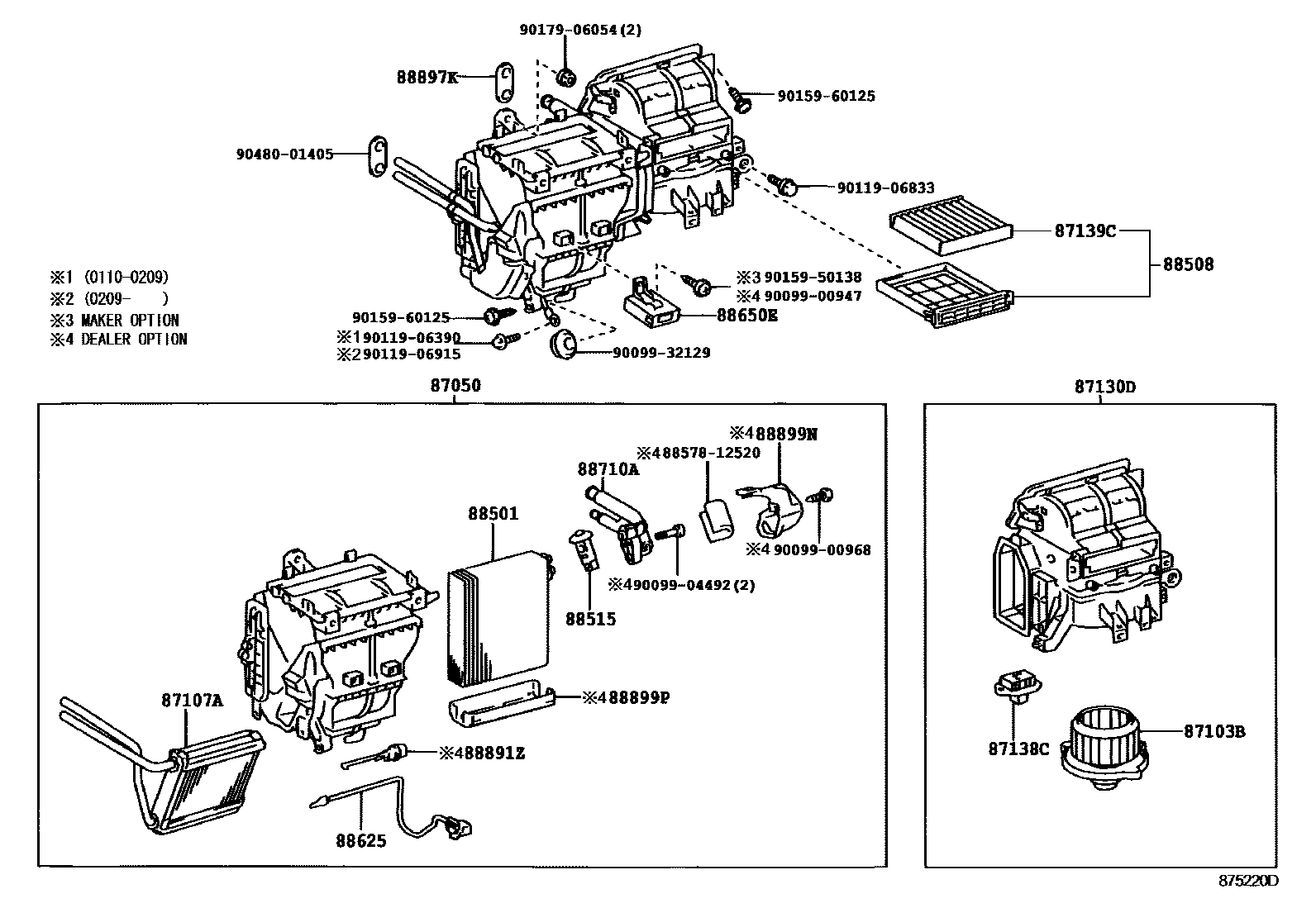 Toyota COROLLA 暖风和空调系统 - 冷却器组件 EPC diagram — 875220D