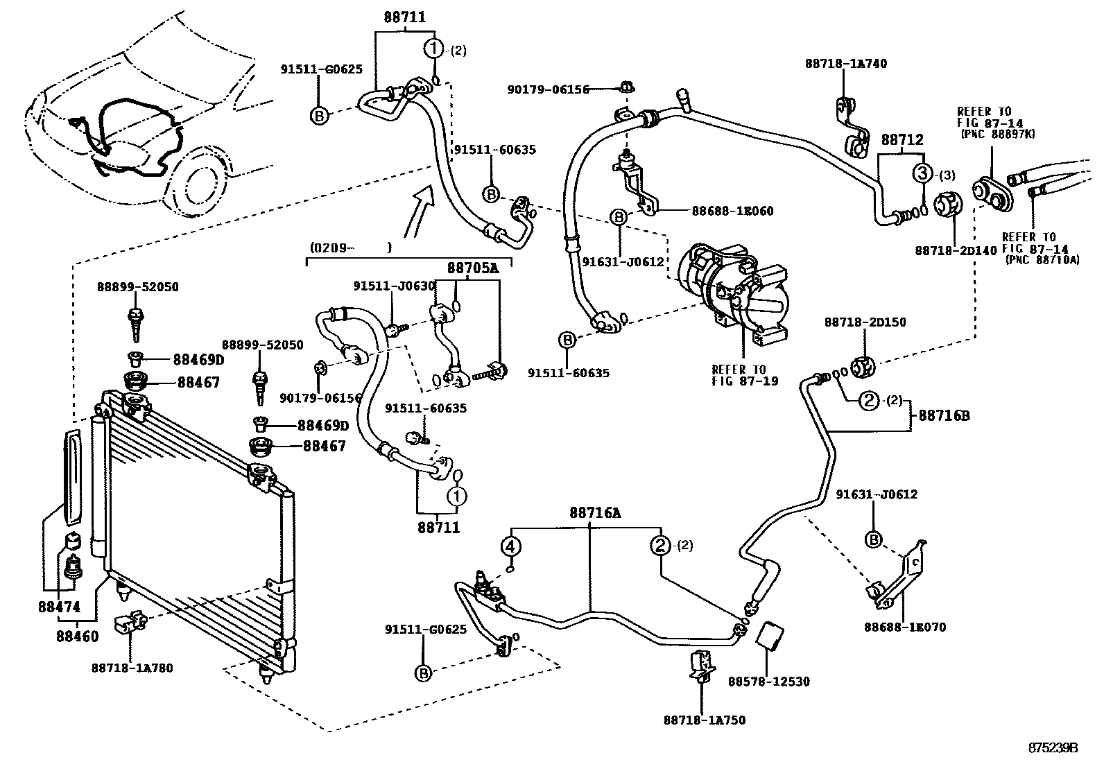 Toyota COROLLA Heating & Air Conditioning - Cooler Piping EPC diagram — 875239B