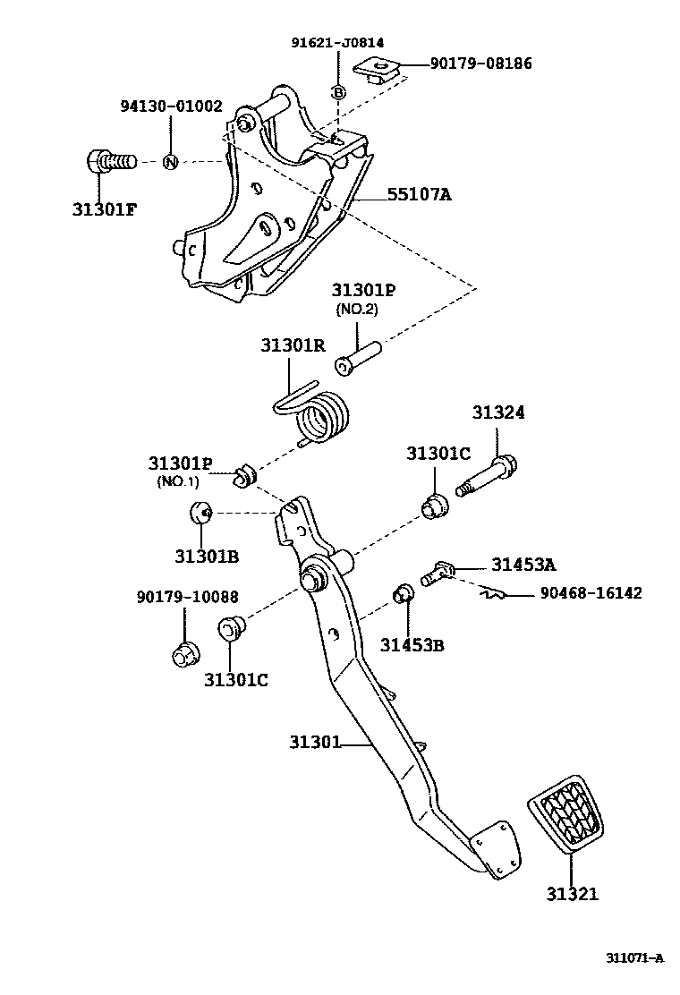 Toyota COROLLA 离合器踏板和挠性软管 EPC diagram — 311071A