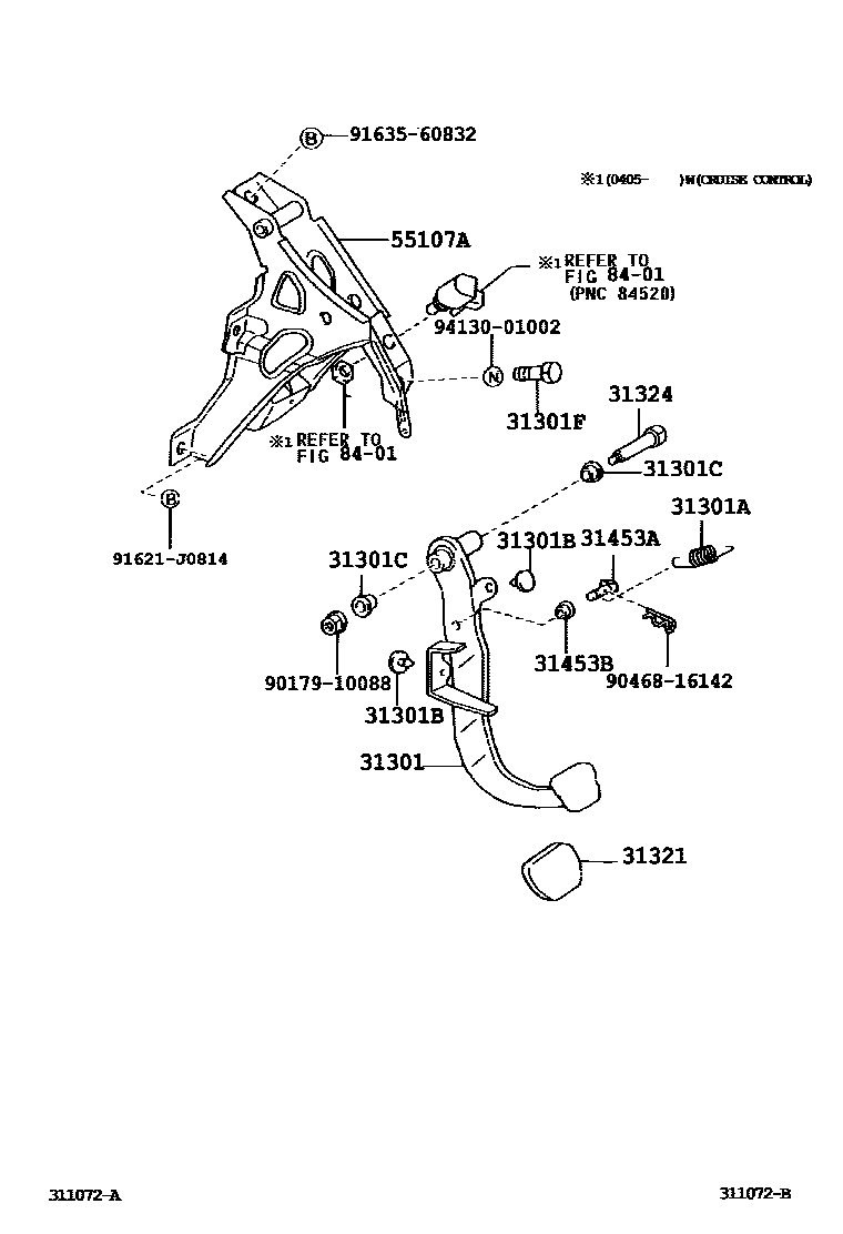 Toyota COROLLA 离合器踏板和挠性软管 EPC diagram — 311072B