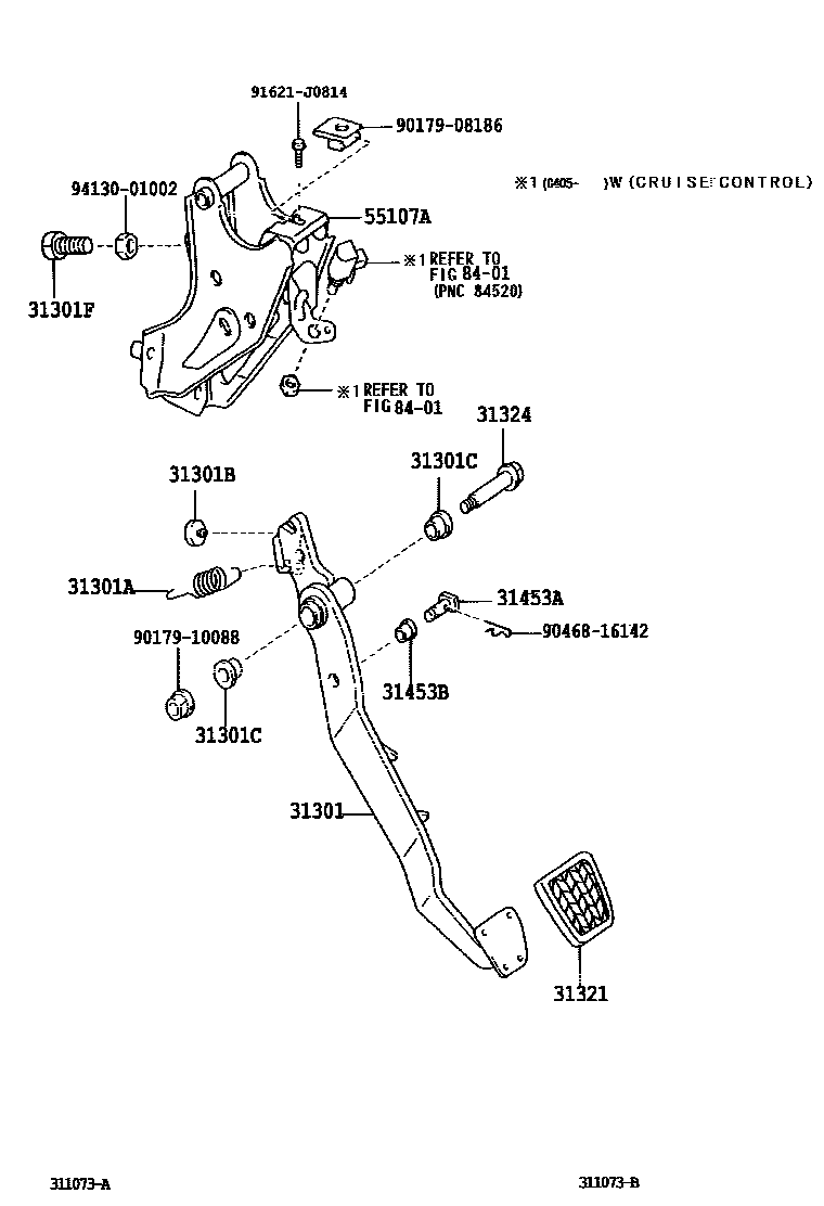 Toyota COROLLA 离合器踏板和挠性软管 EPC diagram — 311073B