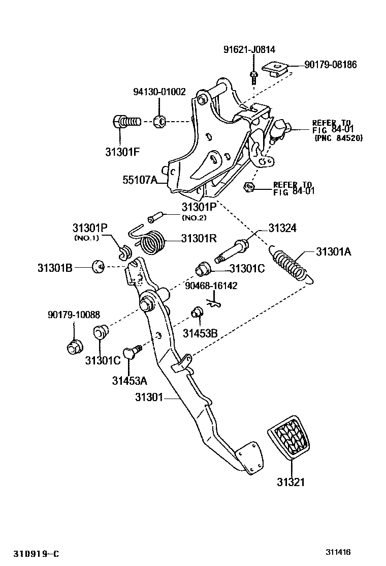 Toyota COROLLA 离合器踏板和挠性软管 EPC diagram — 311416