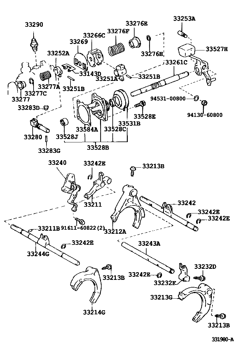 Toyota COROLLA 换档拨叉和换档杆轴(MTM) EPC diagram — 331980A