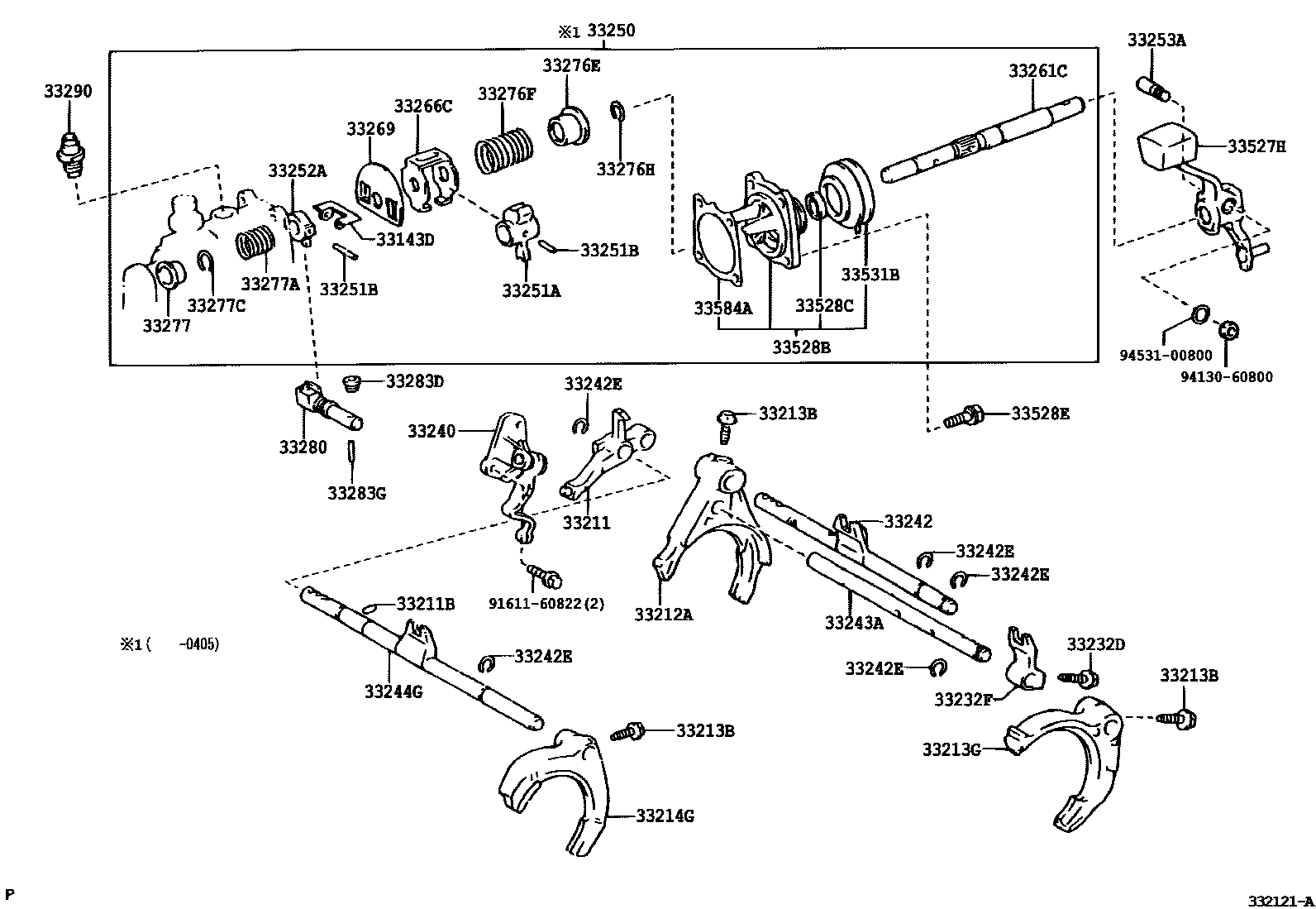 Toyota COROLLA 换档拨叉和换档杆轴(MTM) EPC diagram — 332121A
