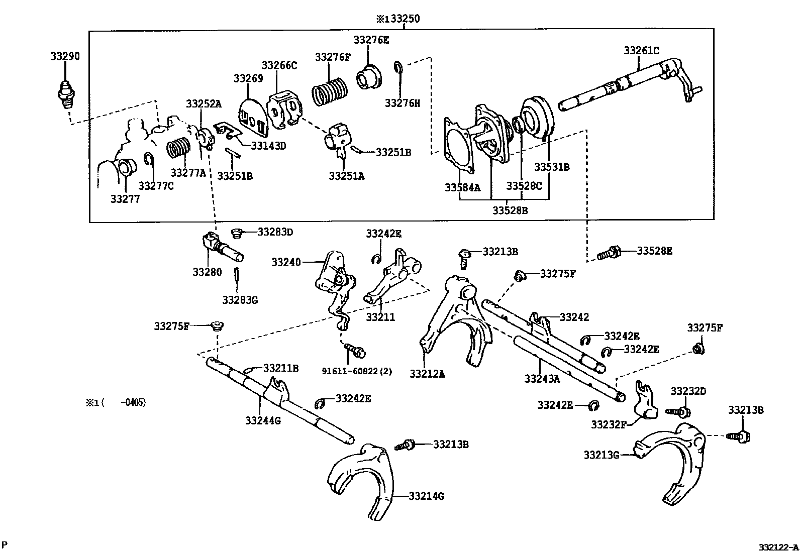 Toyota COROLLA 换档拨叉和换档杆轴(MTM) EPC diagram — 332122A