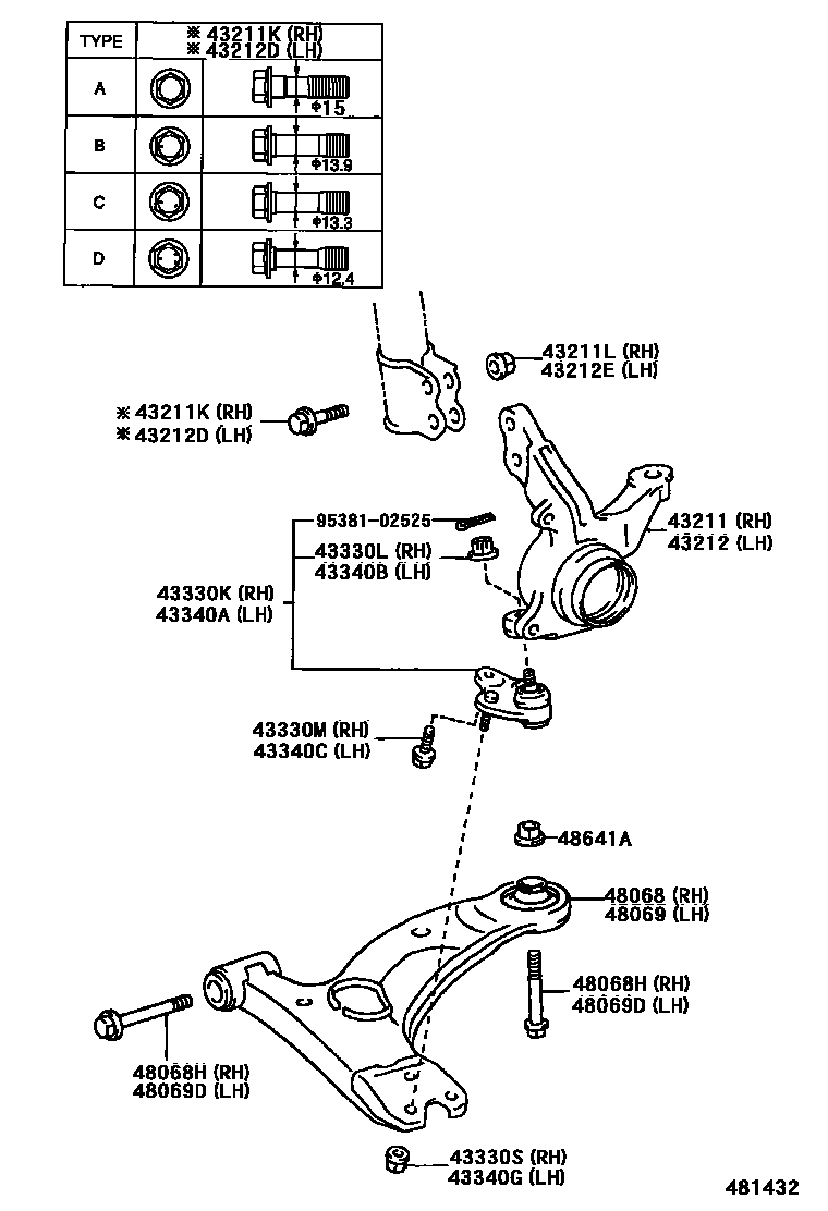Toyota COROLLA 前桥控制臂和转向节 EPC diagram — 481432