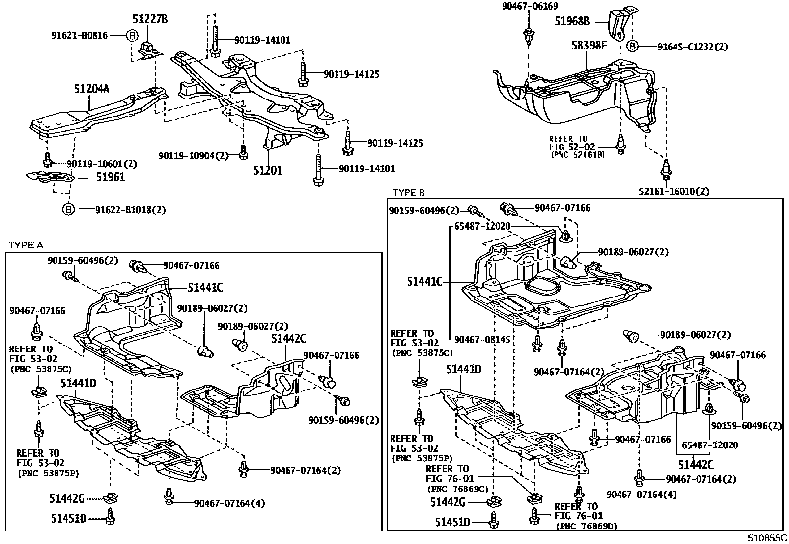 Toyota COROLLA 悬架横梁和发动机底罩 EPC diagram — 510855C