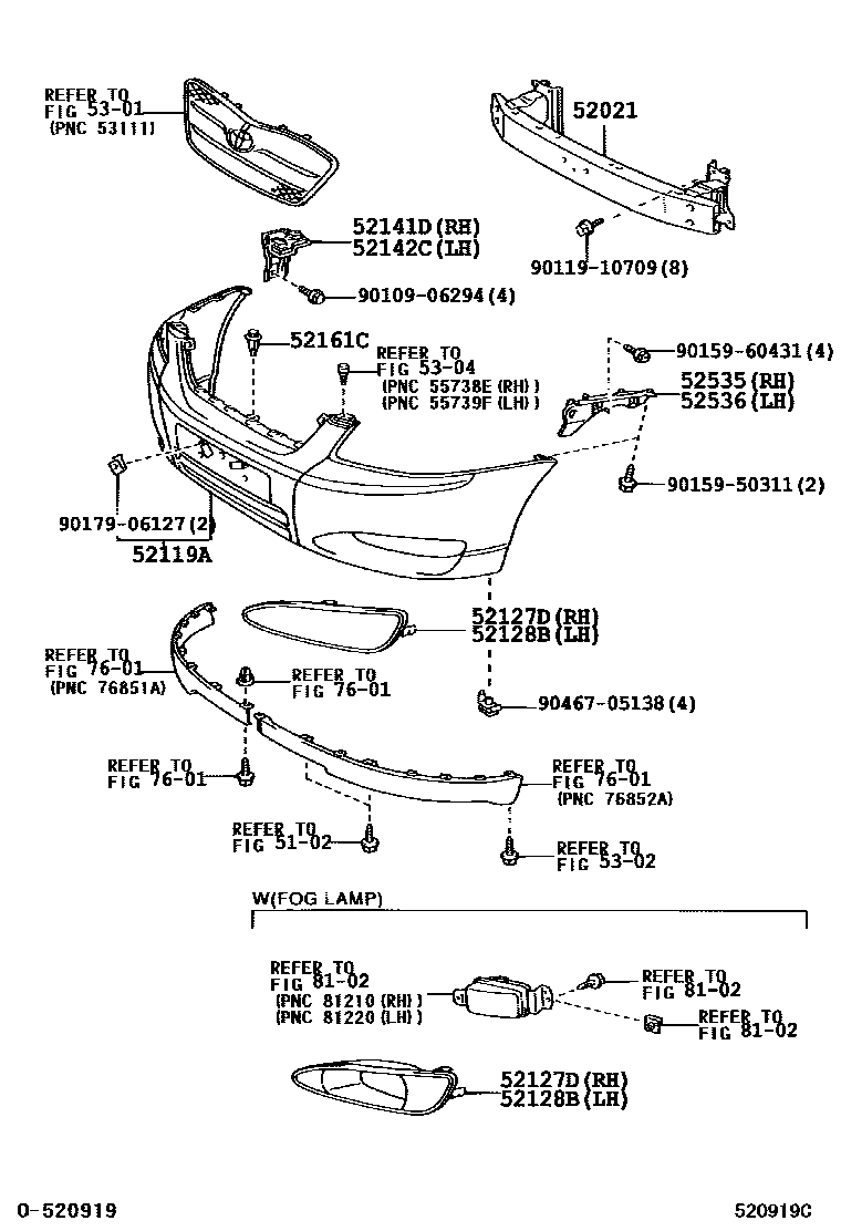 Toyota COROLLA 前保险杠及附件 EPC diagram — 520919C