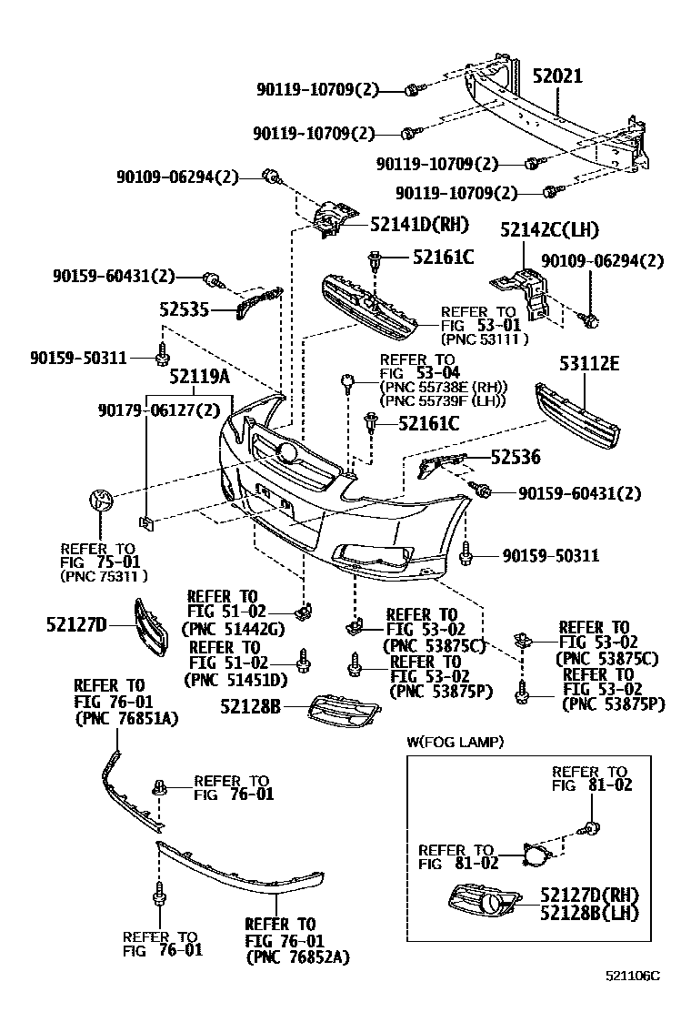 Toyota COROLLA 前保险杠及附件 EPC diagram — 521106C