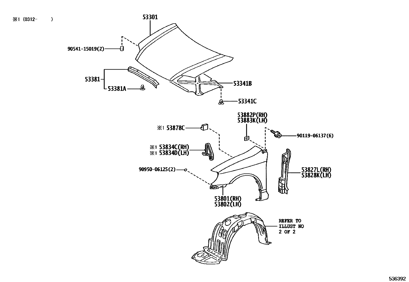 Toyota COROLLA 发动机盖和前翼子板 EPC diagram — 536392