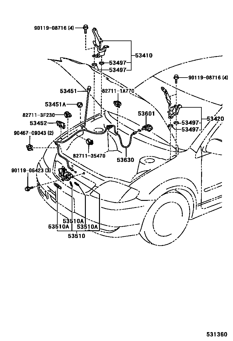 Toyota COROLLA 发动机盖锁和铰链 EPC diagram — 531360