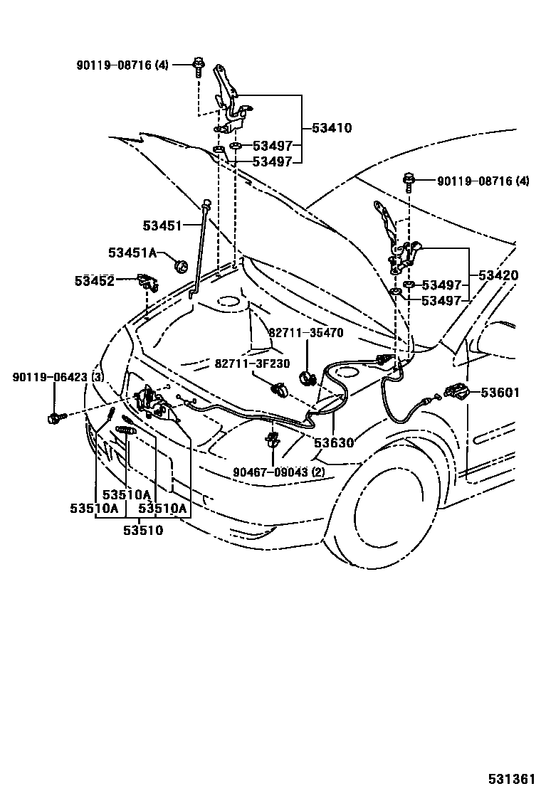 Toyota COROLLA 发动机盖锁和铰链 EPC diagram — 531361