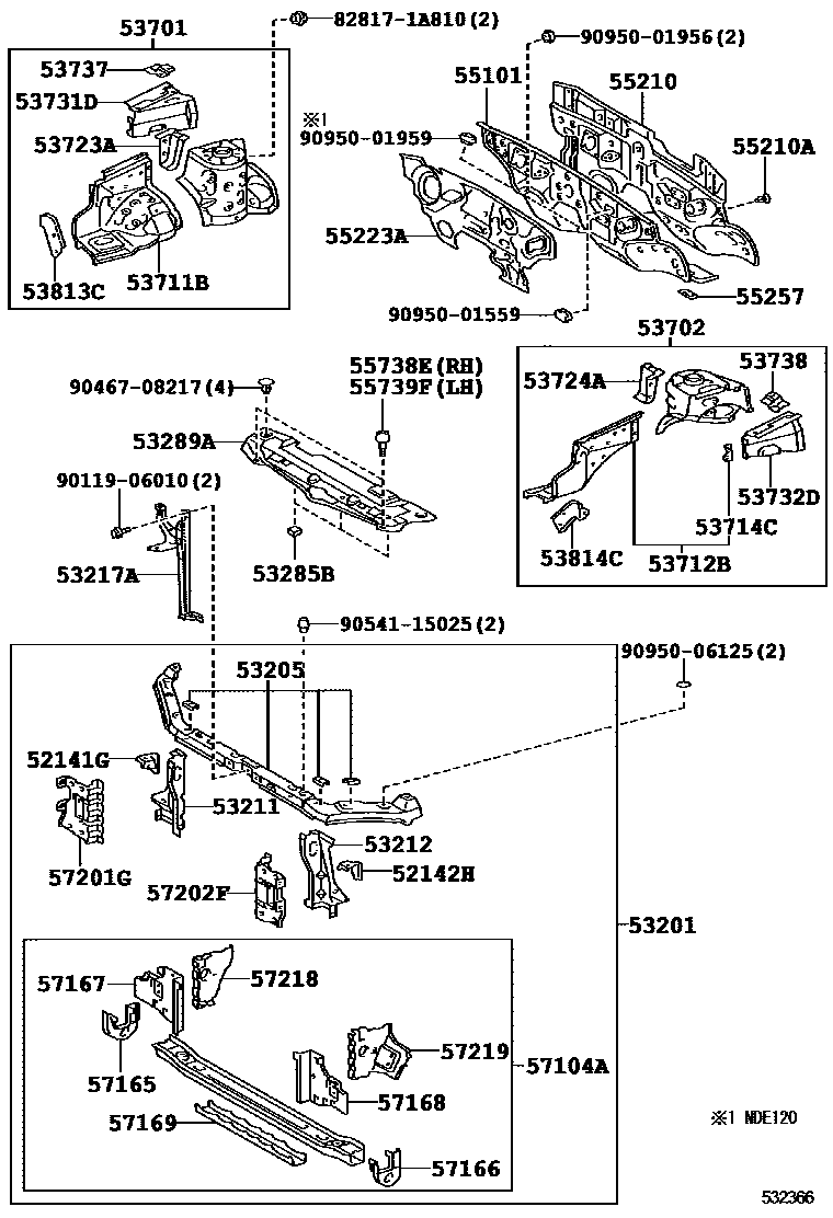 Toyota COROLLA 前翼子板挡泥板和前围板 EPC diagram — 532366