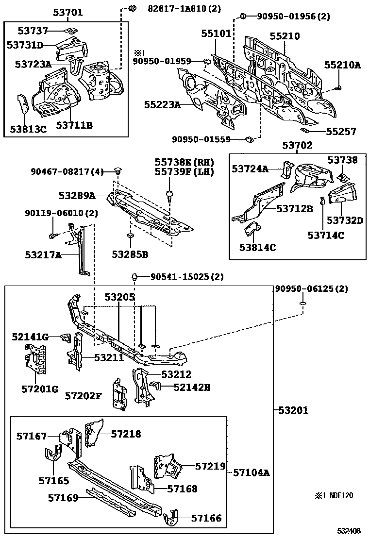 Toyota COROLLA 前翼子板挡泥板和前围板 EPC diagram — 532408
