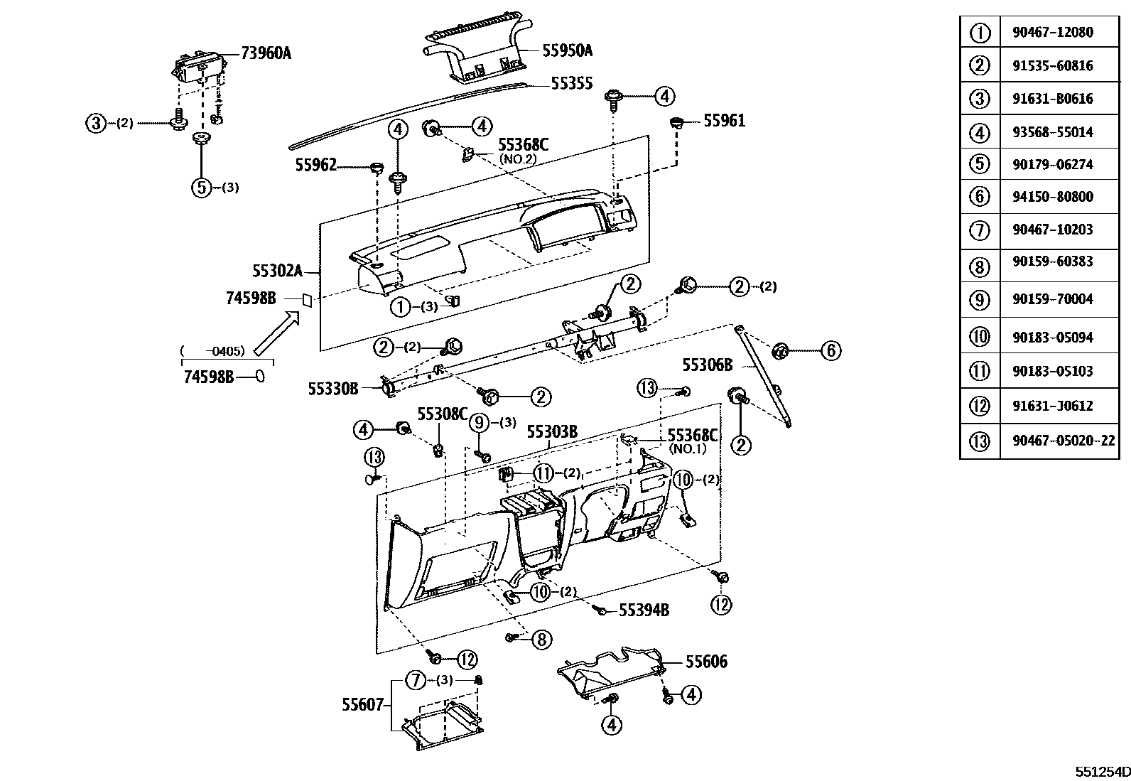 Toyota COROLLA 仪表板和手套箱 EPC diagram — 551254D