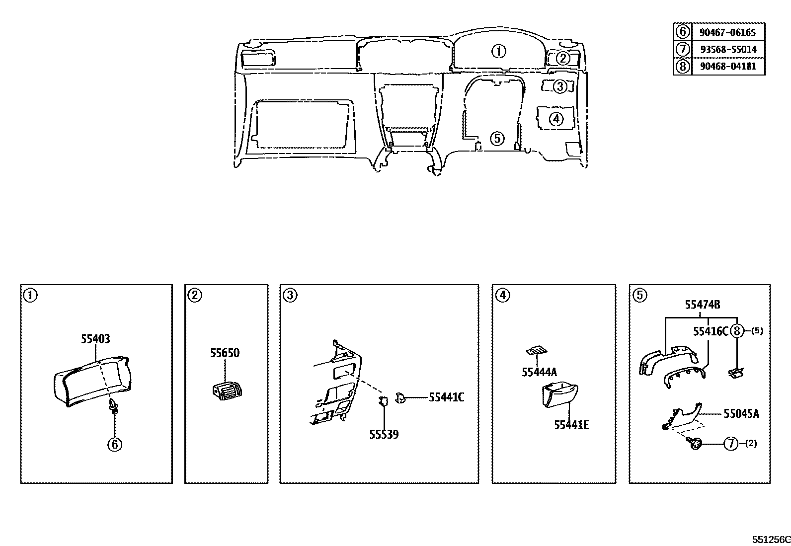 Toyota COROLLA 仪表板和手套箱 EPC diagram — 551256G