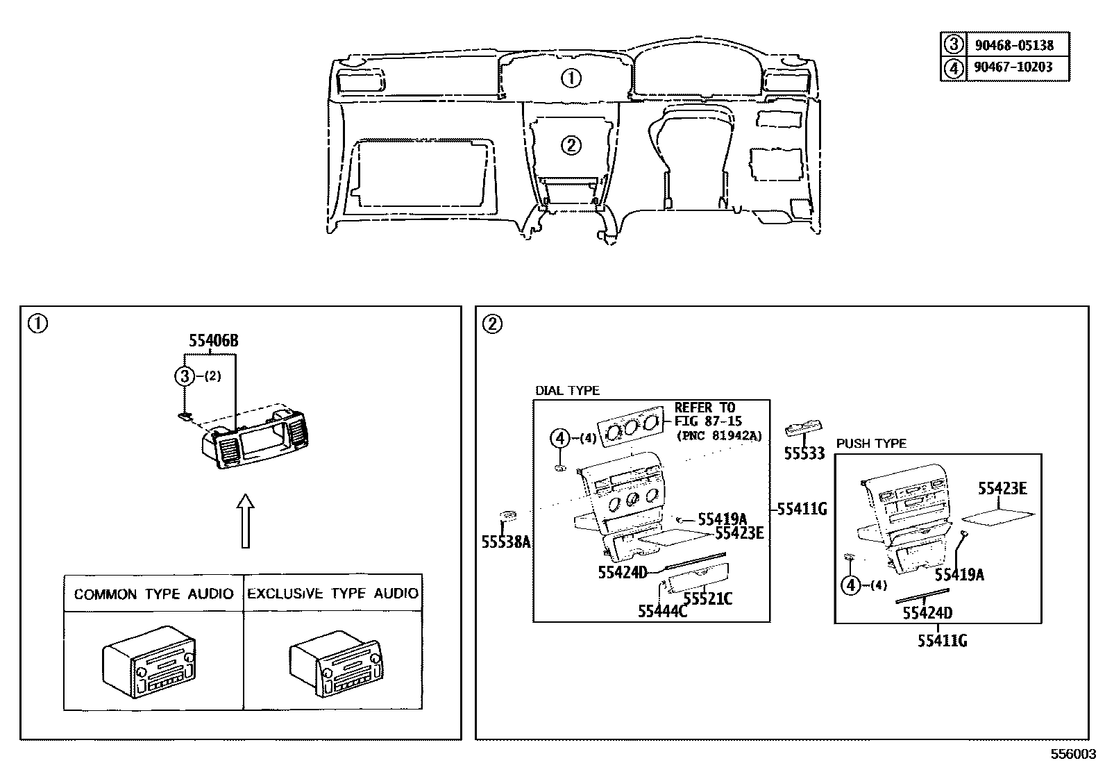 Toyota COROLLA 仪表板和手套箱 EPC diagram — 556003