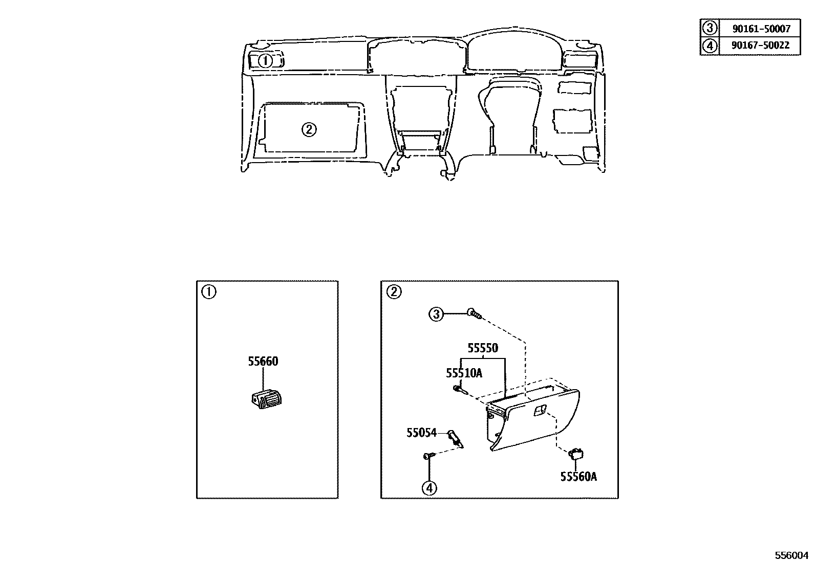 Toyota COROLLA 仪表板和手套箱 EPC diagram — 556004