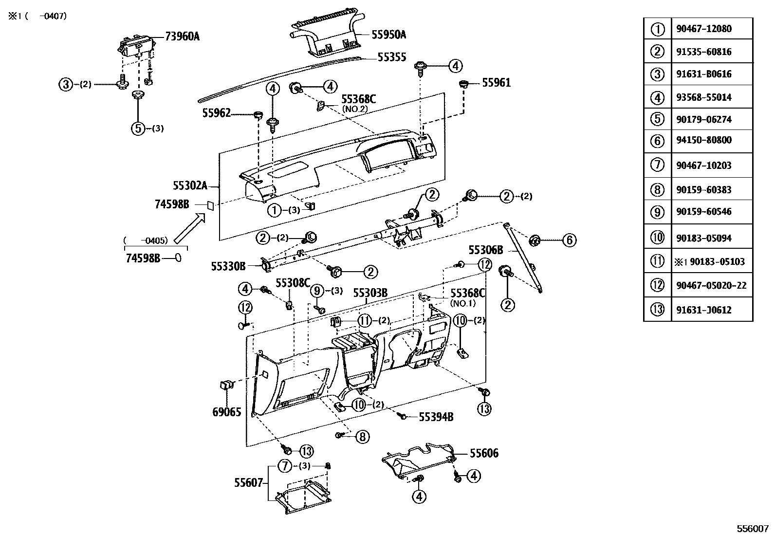 Toyota COROLLA 仪表板和手套箱 EPC diagram — 556007