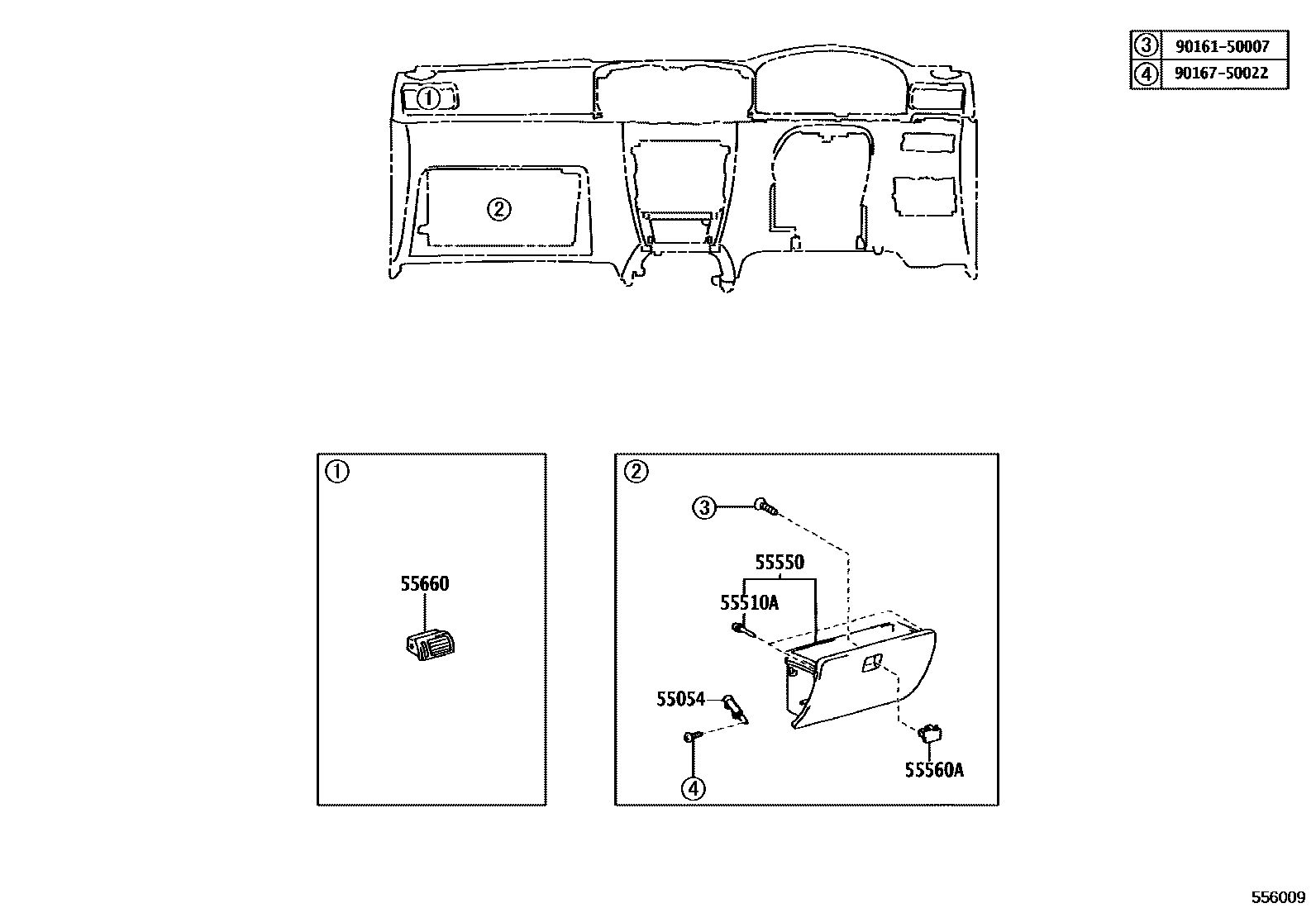 Toyota COROLLA 仪表板和手套箱 EPC diagram — 556009