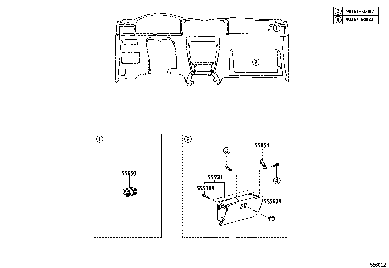 Toyota COROLLA 仪表板和手套箱 EPC diagram — 556012