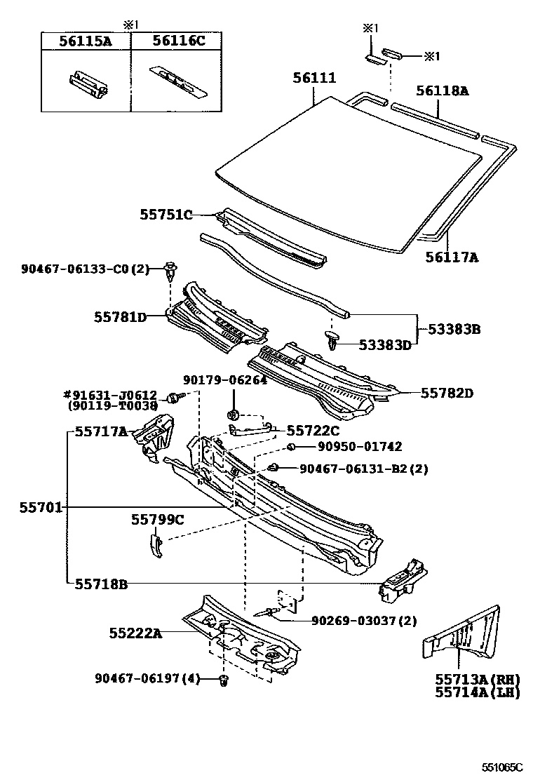 Toyota COROLLA 前围板和挡风玻璃 EPC diagram — 551065C