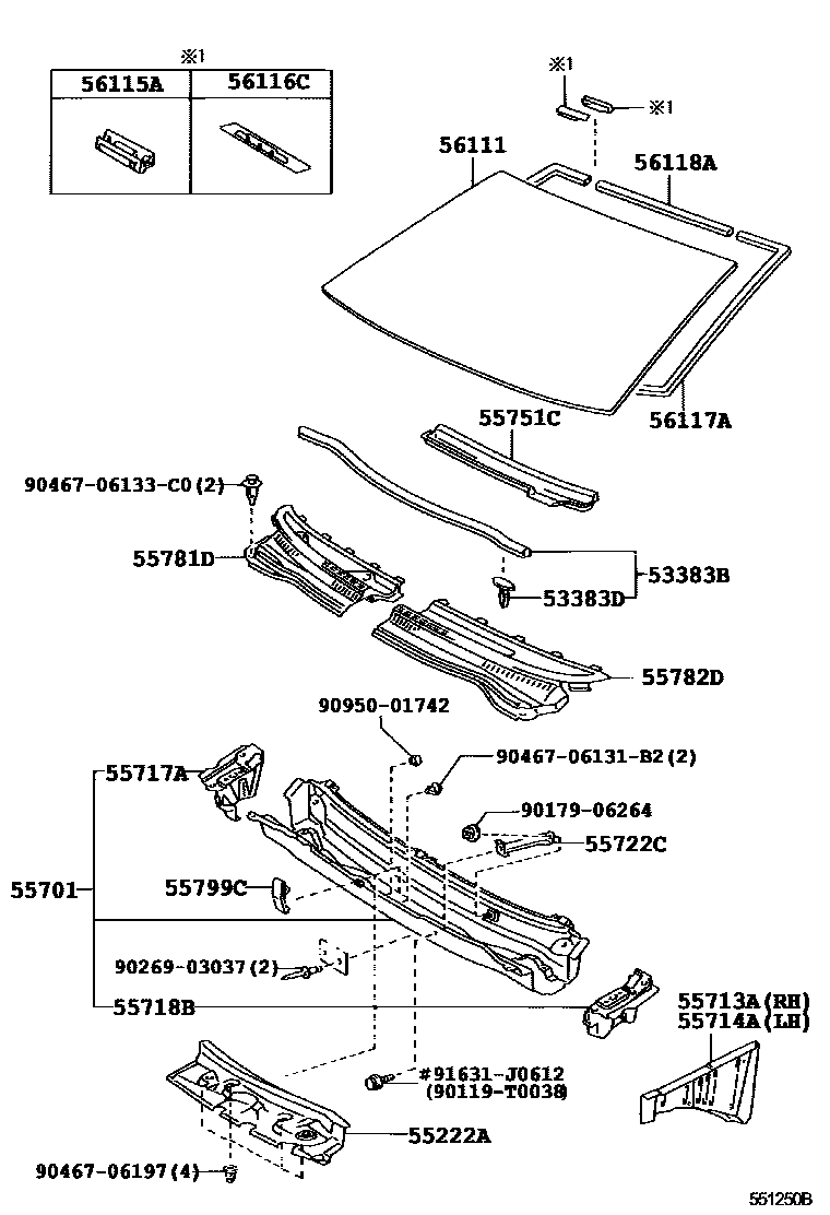 Toyota COROLLA 前围板和挡风玻璃 EPC diagram — 551250B