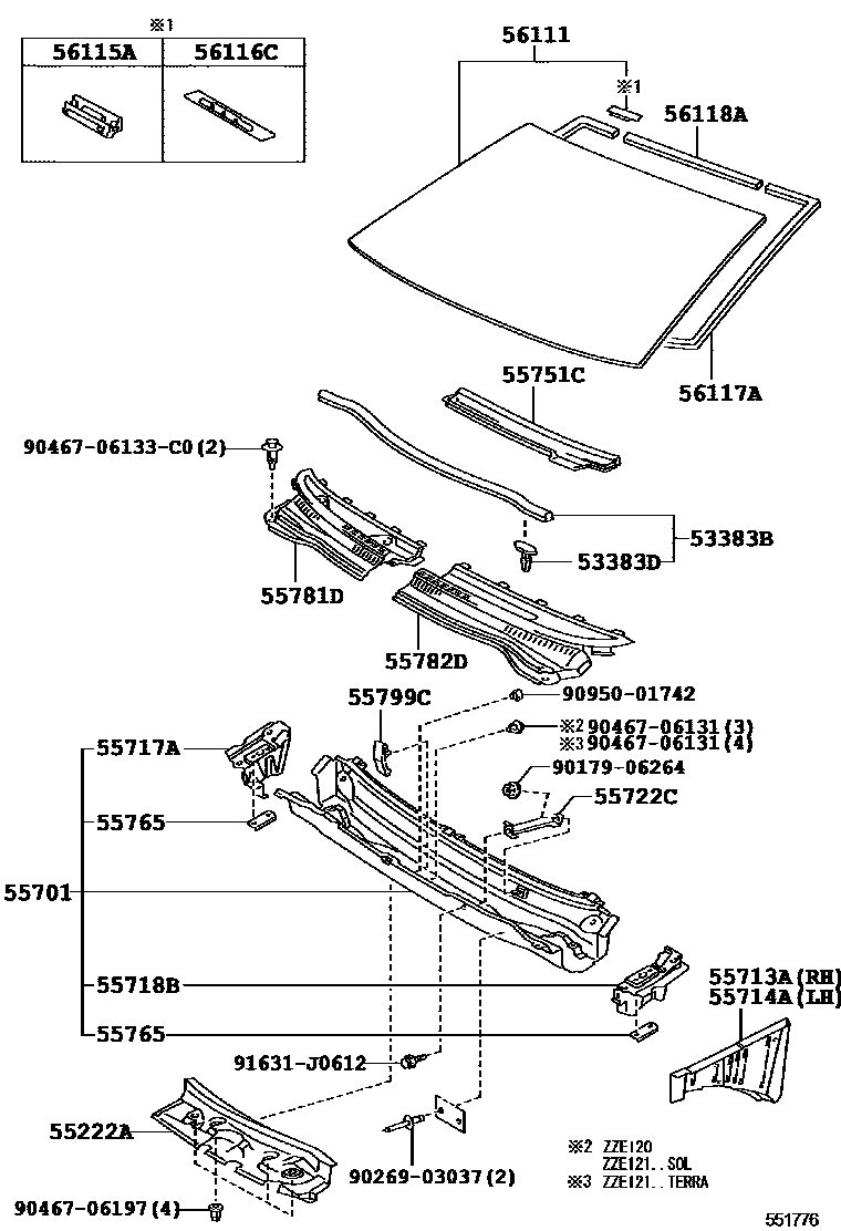 Toyota COROLLA 前围板和挡风玻璃 EPC diagram — 551776