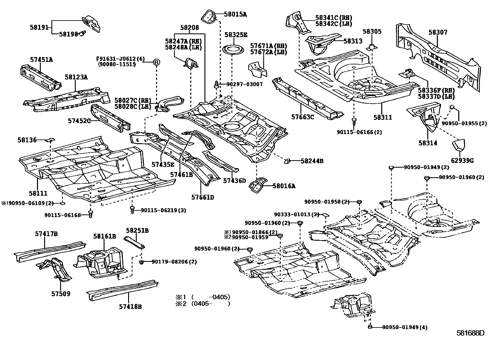 Toyota COROLLA 浅盘形地板和车身下背板 EPC diagram — 581688D