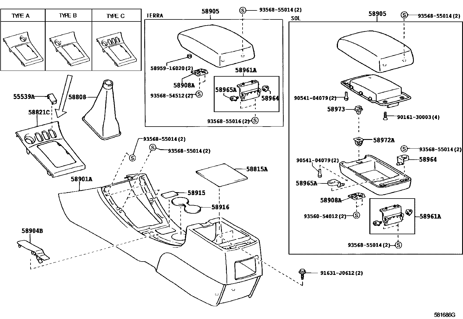 Toyota COROLLA 中央扶手箱和支架 EPC diagram — 581686G