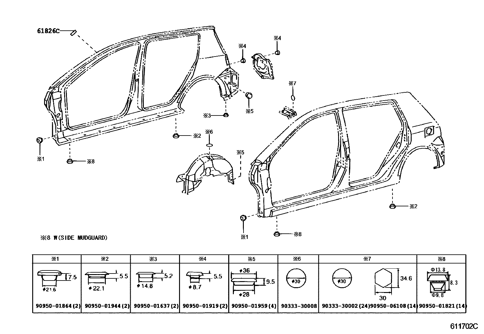 Toyota COROLLA 侧梁 EPC diagram — 611702C