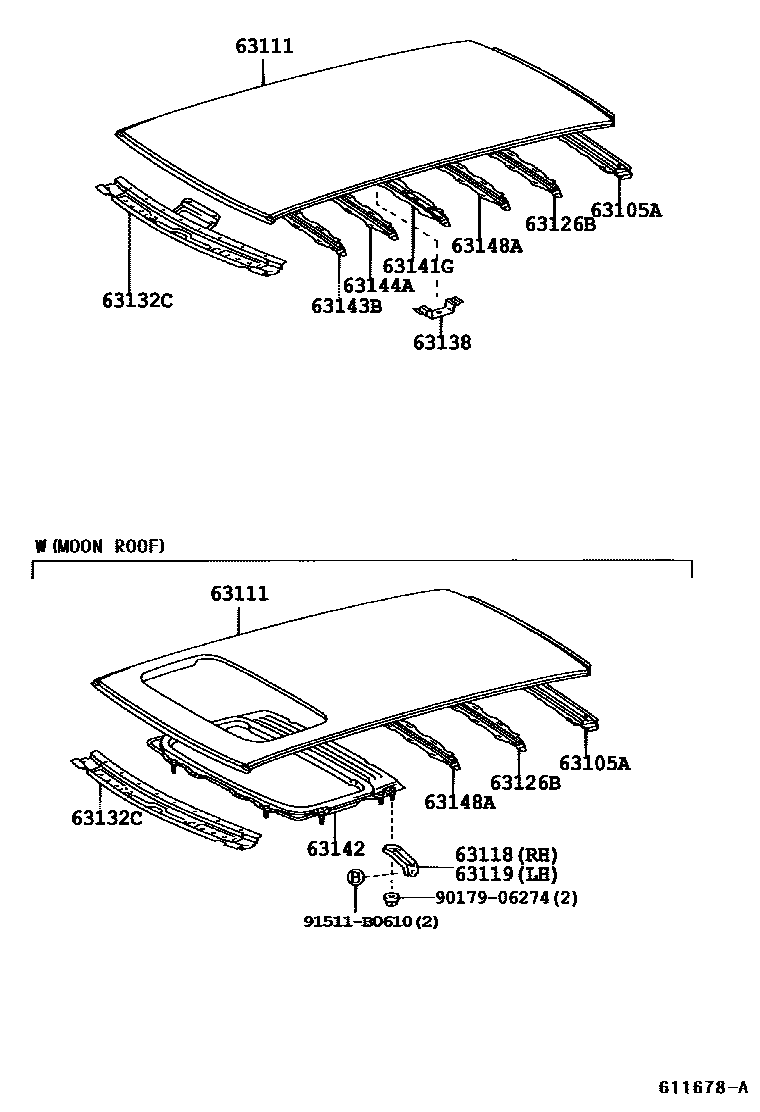 Toyota COROLLA 天窗板和背窗玻璃 EPC diagram — 611678A