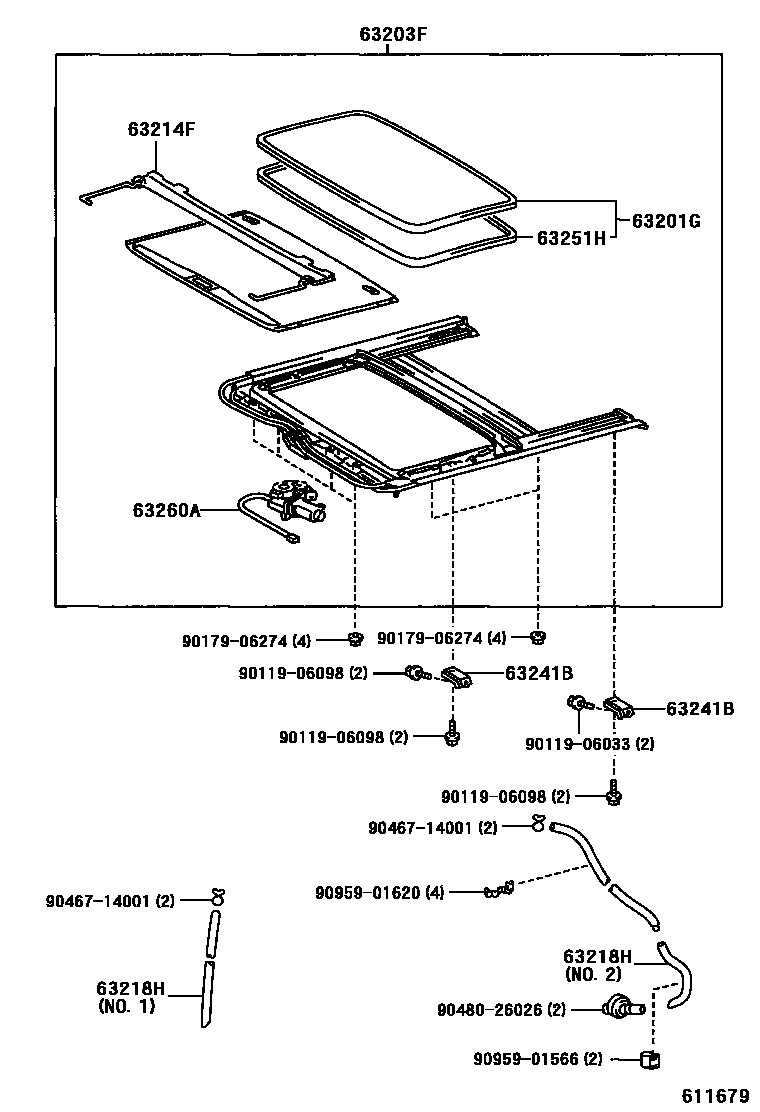 Toyota COROLLA 天窗板和背窗玻璃 EPC diagram — 611679