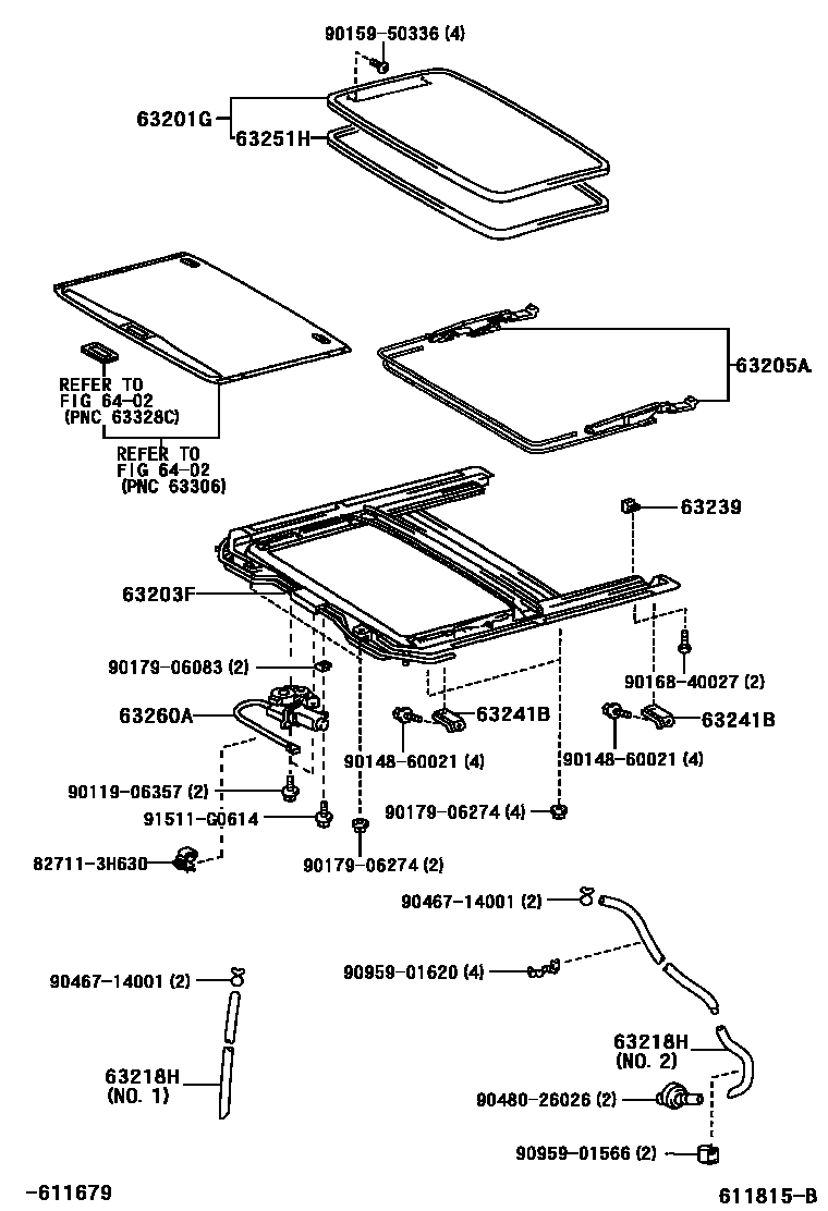 Toyota COROLLA 天窗板和背窗玻璃 EPC diagram — 611815B