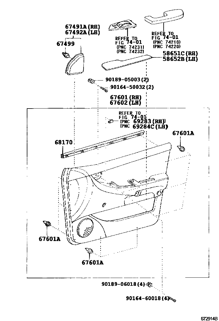 Toyota COROLLA 前门板和前门玻璃 EPC diagram — 672914B
