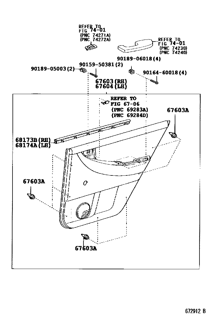 Toyota COROLLA 后门板和后门玻璃 EPC diagram — 672912C