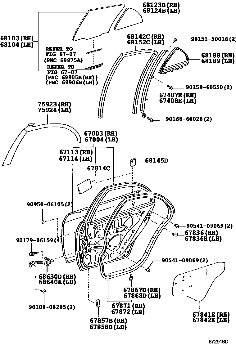 Toyota COROLLA 后门板和后门玻璃 EPC diagram — 672916D