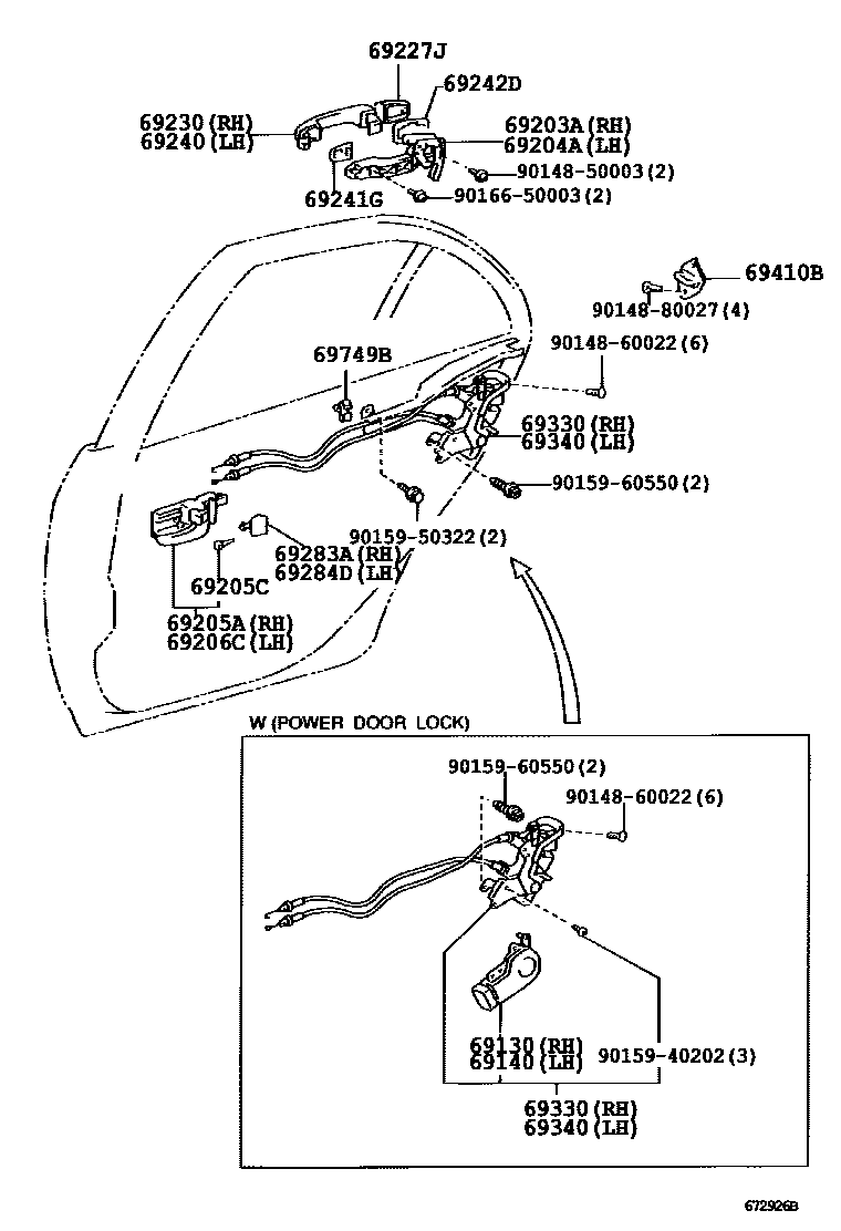 Toyota COROLLA 后门锁和后门把手 EPC diagram — 672926B
